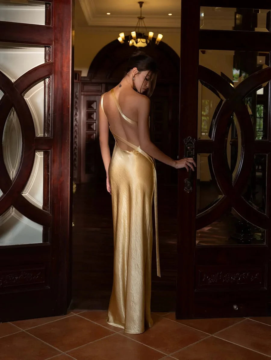 Vestidos de Fiesta Largos de Satén con Tirantes Cruzados de un Hombro y Espalda Abierta, Falda Sirena para Graduación y Gala