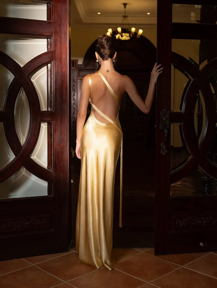Vestidos de Fiesta Largos de Satén con Tirantes Cruzados de un Hombro y Espalda Abierta, Falda Sirena para Graduación y Gala
