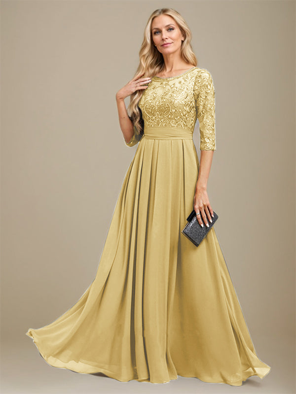 Vestido de gasa con encaje y apliques de lentejuelas para madre de la novia, corte A, largo hasta el suelo 