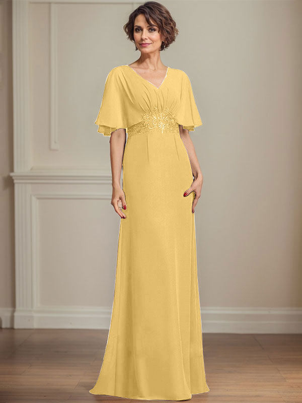 A-Linien-Kleid aus Chiffon mit V-Ausschnitt, bodenlang, für die Mutter der Braut, mit plissierten Paillettenapplikationen und Spitze