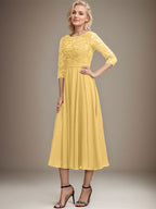 A-Linien-Kleid mit Rundhalsausschnitt, Teelänge, Spitze, Chiffon, Pailletten, für die Mutter der Braut