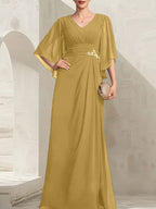 Vestido de gasa para madre de la novia, con escote en V, largo hasta el suelo, con lentejuelas plisadas y abalorios.