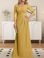 Etuikleid/Säulenkleid mit V-Ausschnitt, Illusion-Detail, bodenlang, aus Chiffonspitze und plissierten Pailletten für die Mutter der Braut 
