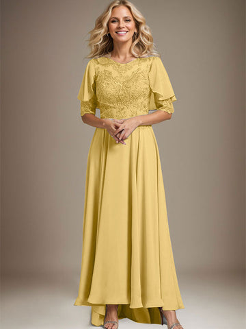 A-line Scoop Illusion Asymmetrical Chiffon Lace Mother of the Bride Dress With Beading