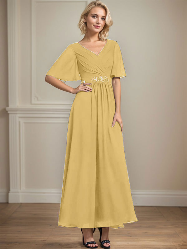 A-Linien-Chiffonkleid mit V-Ausschnitt, Knöchellänge, plissierten Pailletten und Perlenstickerei für die Mutter der Braut