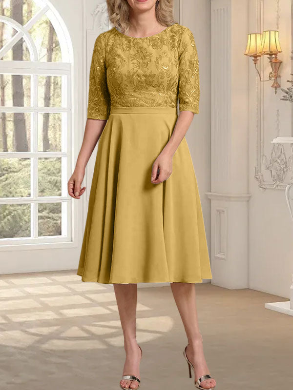 Vestido de gasa con encaje y escote redondo hasta la rodilla para madre de la novia