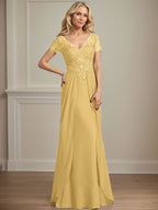 Vestido de gasa con encaje y escote en V hasta el suelo para madre de la novia