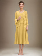 Vestido de gasa con encaje y lentejuelas para madre de la novia, corte A, escote redondo y largo hasta la rodilla 