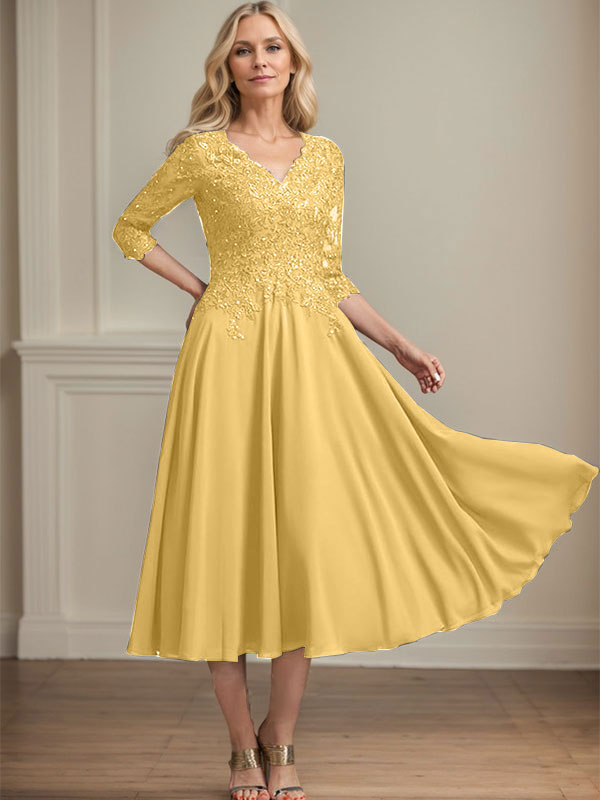 Vestido de gasa con encaje y escote en V, largo hasta la rodilla, para madre de la novia, con lentejuelas y abalorios 