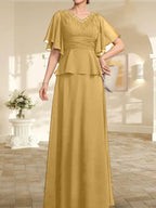 Vestido de gasa para madre de la novia, corte A, escote en V, largo hasta el suelo, con cuentas plisadas