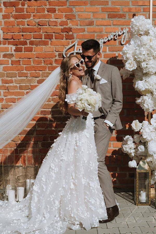 Gorgeous A-line Off-the-Shoulder 3D Flowers Beach Wedding Dresses