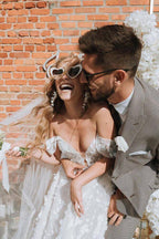Gorgeous A-line Off-the-Shoulder 3D Flowers Beach Wedding Dresses