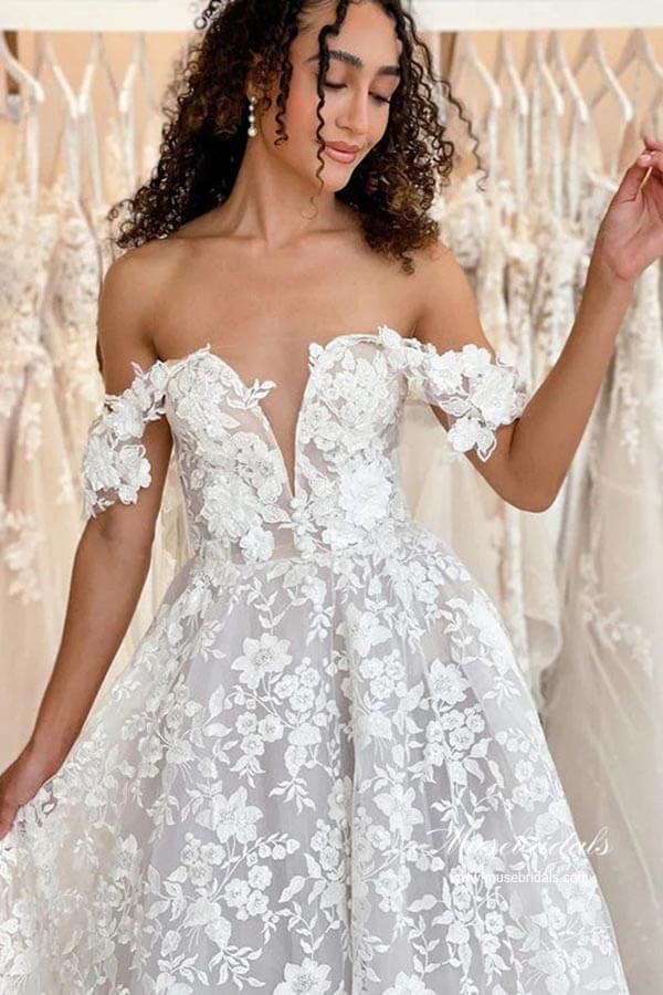 Hermosos vestidos de novia de corte A con hombros descubiertos y apliques de encaje