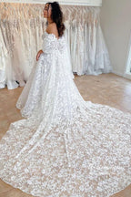 Hermosos vestidos de novia de corte A con hombros descubiertos y apliques de encaje