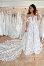 Hermosos vestidos de novia de corte A con hombros descubiertos y apliques de encaje