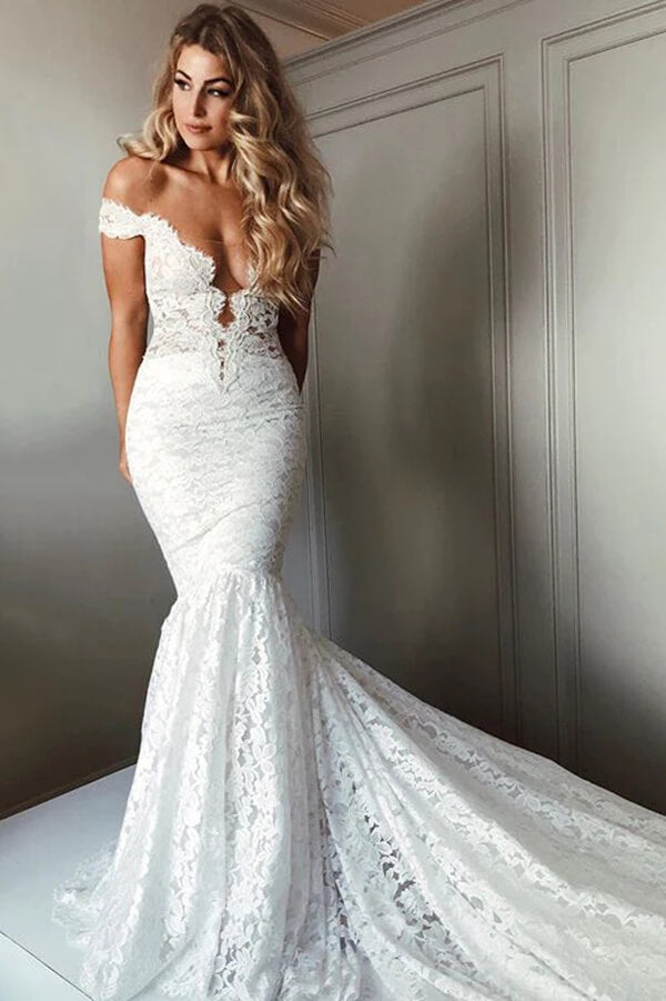 Gorgeous Mermaid Off Shoulder V-neck Court Train Lace Wedding Dresses