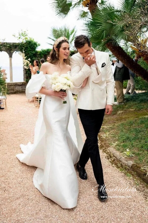 Gorgeous Satin Mermaid Off Shoulder Chapel Train Wedding Dresses