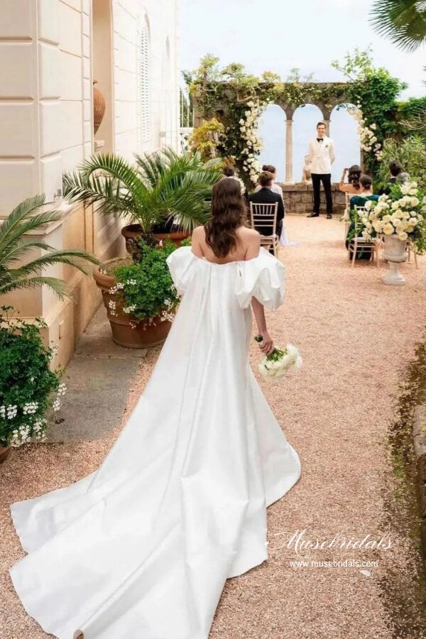 Gorgeous Satin Mermaid Off Shoulder Chapel Train Wedding Dresses