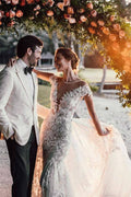 Gorgeous Tulle Mermaid Cap Sleeves Lace Appliqued Wedding Dresses