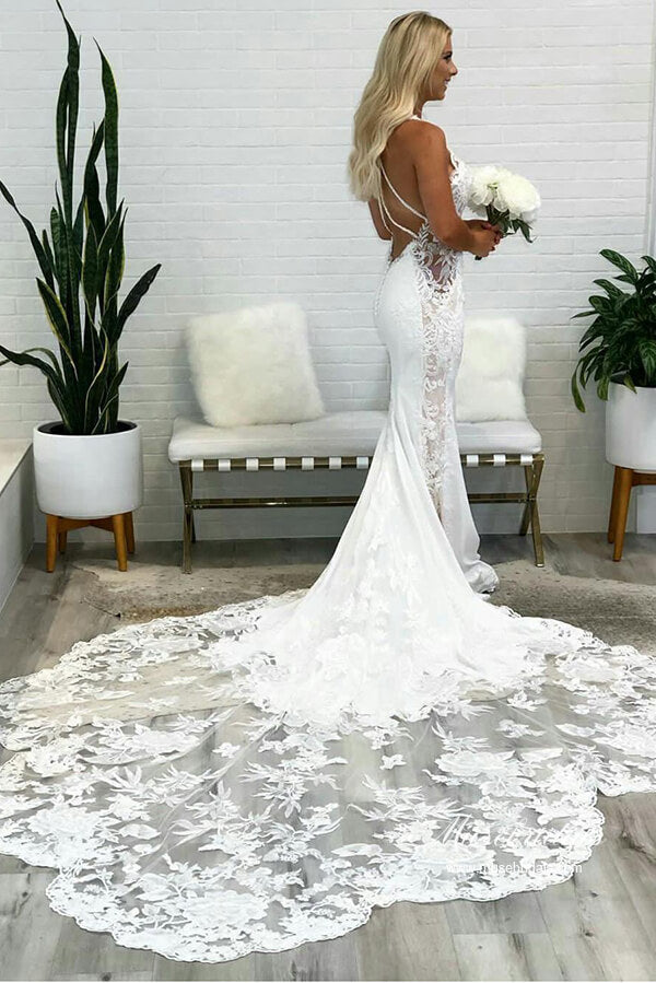 Wunderschöne Meerjungfrauen-Hochzeitskleider aus Tüll mit tiefem V-Ausschnitt und rückenfreiem Spitzenbesatz