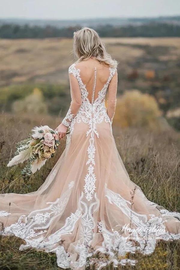 Wunderschöne Meerjungfrauen-Brautkleider aus Tüll mit langen Ärmeln und Applikationen