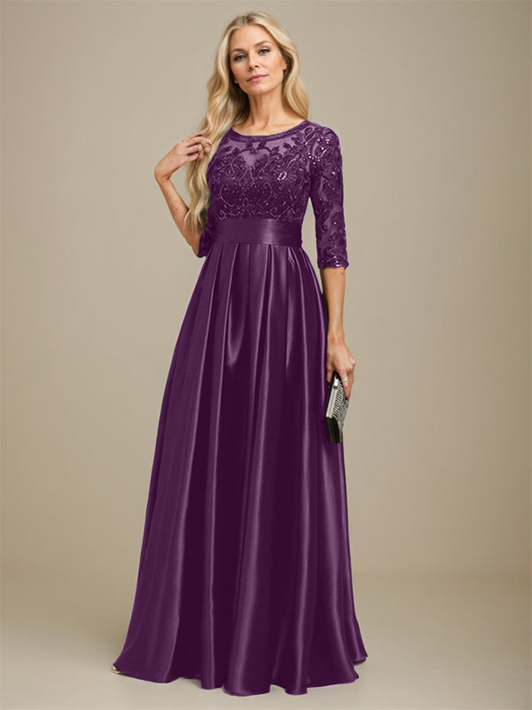 Vestido de madre de la novia de satén elástico con encaje, corte A, escote ilusión, largo hasta el suelo, con lazo y lentejuelas 