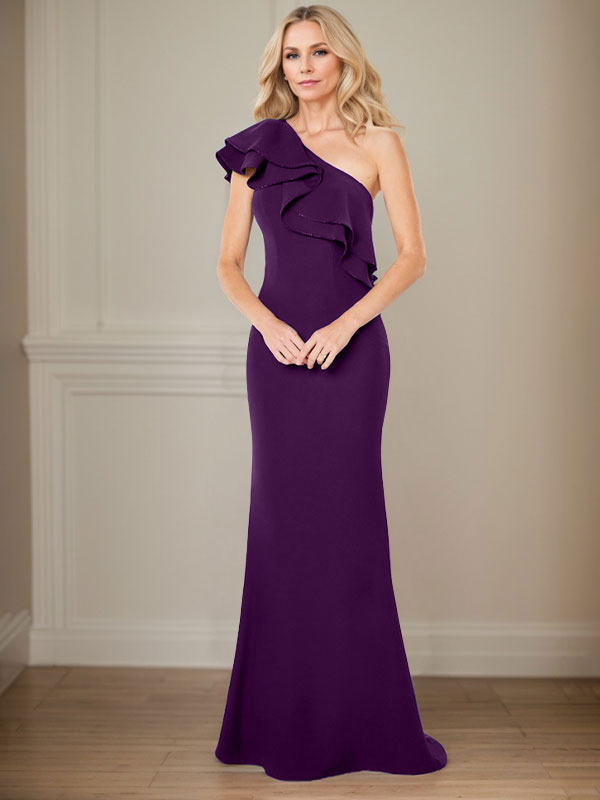 Vestido de gasa para madre de la novia, corte A, un hombro, largo hasta el suelo, con volantes 