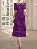 A-Linien-Kleid mit Rundhalsausschnitt, Illusion-Ausschnitt, Teelänge, Spitze und Pailletten für die Mutter der Braut