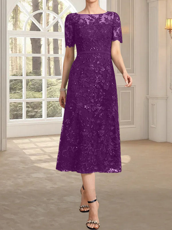 Vestido de encaje para madre de la novia con lentejuelas, corte A, escote ilusión, largo hasta la rodilla
