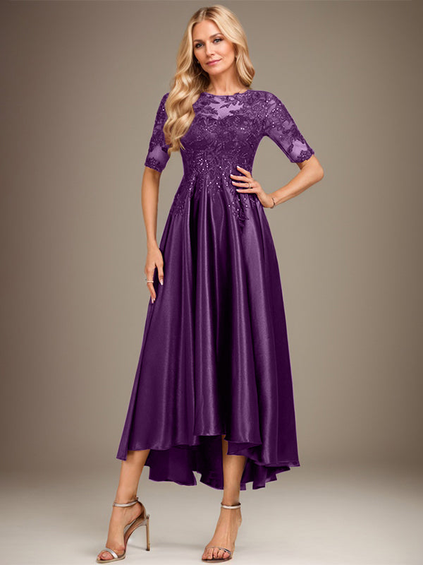 Vestido de madre de la novia de encaje satinado elástico asimétrico con ilusión de escote en A y lentejuelas 