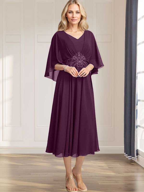 A-Linien-Kleid aus Chiffon mit V-Ausschnitt, Teelänge, plissierten Paillettenapplikationen und Perlenstickerei für die Mutter der Braut 