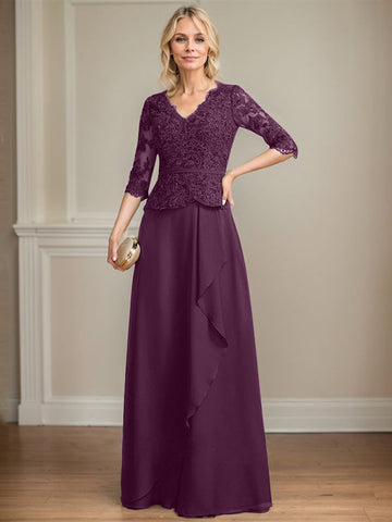 A-Linien-Kleid aus Chiffon mit V-Ausschnitt, bodenlang, mit Spitze, Kaskadenrüschen und Pailletten für die Mutter der Braut 