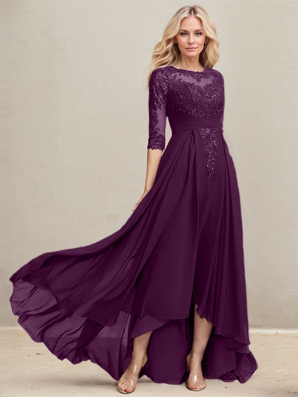 Vestido de madre de la novia de gasa con encaje asimétrico, ilusión, corte A y lentejuelas plisadas 