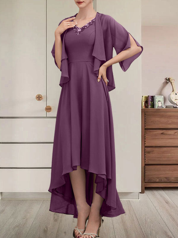 A-Linien-Kleid aus Chiffon mit V-Ausschnitt, asymmetrischem Muster und Perlen- und Paillettenbesatz für die Mutter der Braut