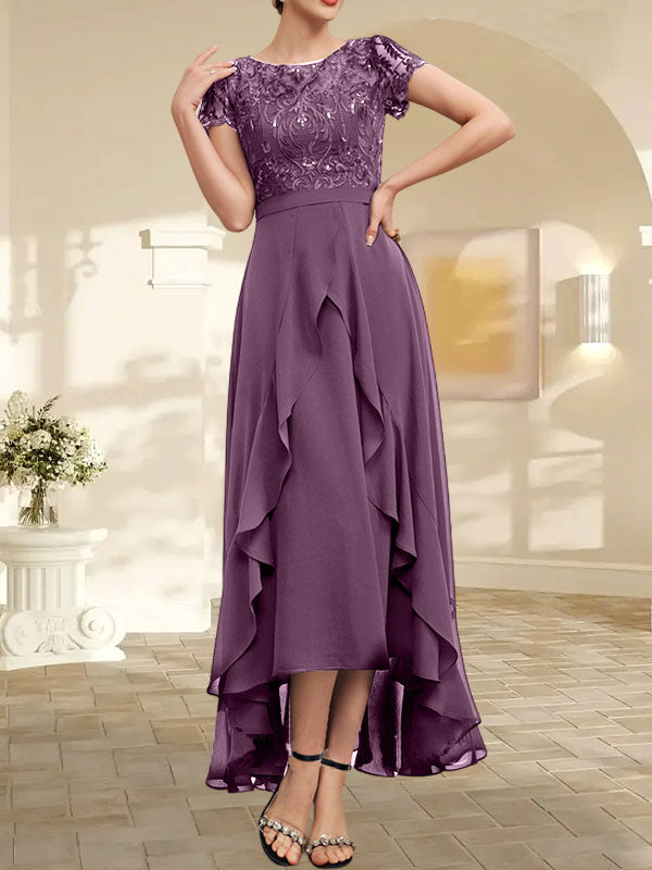 A-Linien-Kleid mit asymmetrischem Chiffon-Spitzenausschnitt, Schleife, Rüschen und Pailletten für die Mutter der Braut 