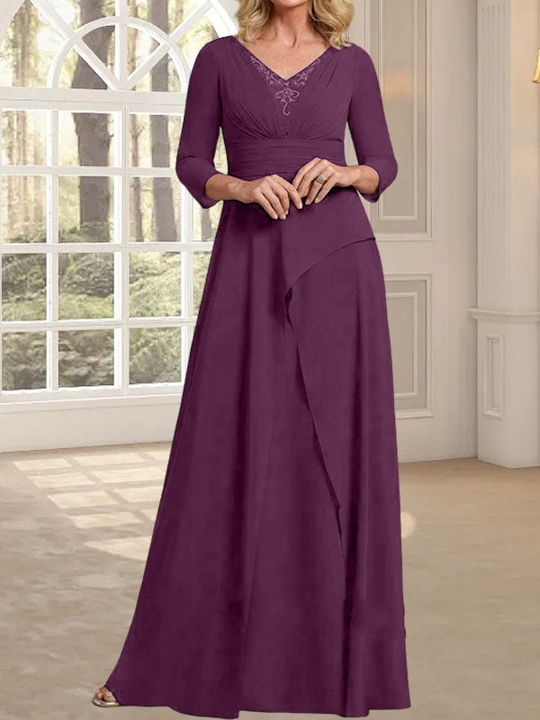 A-Linien-Kleid aus Chiffon mit V-Ausschnitt, bodenlang, für die Mutter der Braut, mit plissierter Perlenstickerei