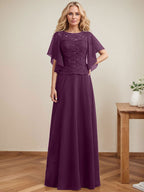 A-Linien-Kleid mit Rundhalsausschnitt, Illusion-Effekt, bodenlang, aus Chiffon und Spitze mit Pailletten – das perfekte Brautmutterkleid 