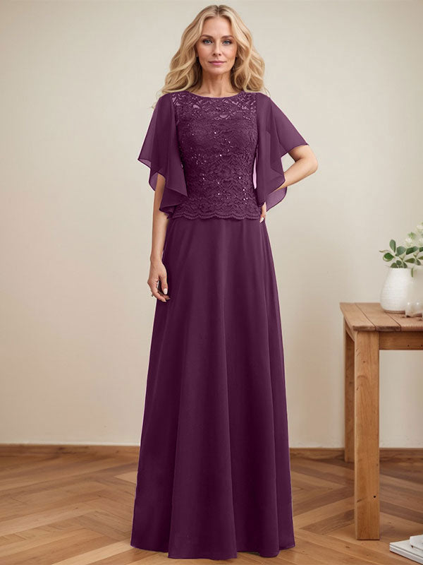 Vestido de madre de la novia de gasa con encaje, ilusión, largo hasta el suelo, corte A y lentejuelas 