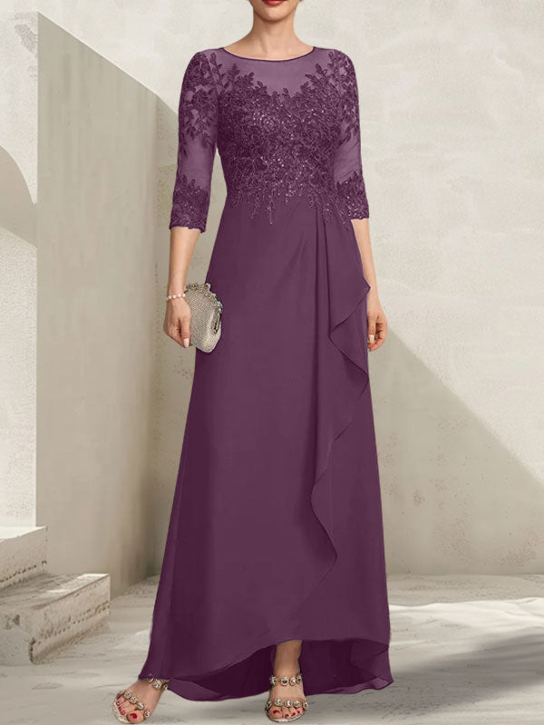 A-Linien-Kleid mit asymmetrischem, transparentem Chiffon-Spitzenausschnitt, Pailletten und Kaskadenrüschen für die Mutter der Braut