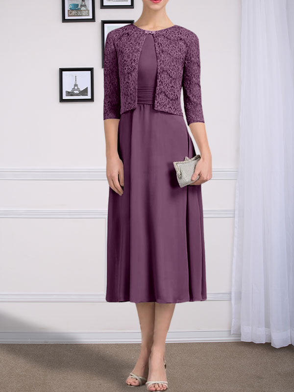 Vestido de gasa para madre de la novia, corte A, escote redondo, largo hasta la rodilla, con pliegues