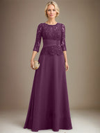 A-Linien-Kleid mit U-Boot-Ausschnitt, Illusion-Detail, bodenlang, aus Chiffonspitze, mit plissierten Pailletten und Perlenstickerei für die Mutter der Braut. 