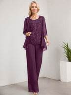 Zweiteiliger Jumpsuit/Hosenanzug, bodenlanges Chiffon-Kleid mit Spitze und Pailletten für die Mutter der Braut
