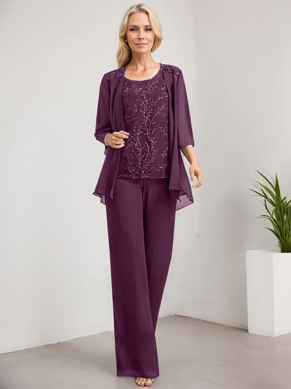 Vestido de madre de la novia de gasa con encaje y lentejuelas, con escote redondo y largo hasta el suelo, con mono/pantalón separado