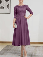 A-Linien-Kleid mit U-Boot-Ausschnitt, Illusion-Detail, Teelänge, Chiffonspitze, Perlenstickerei und Pailletten für die Mutter der Braut