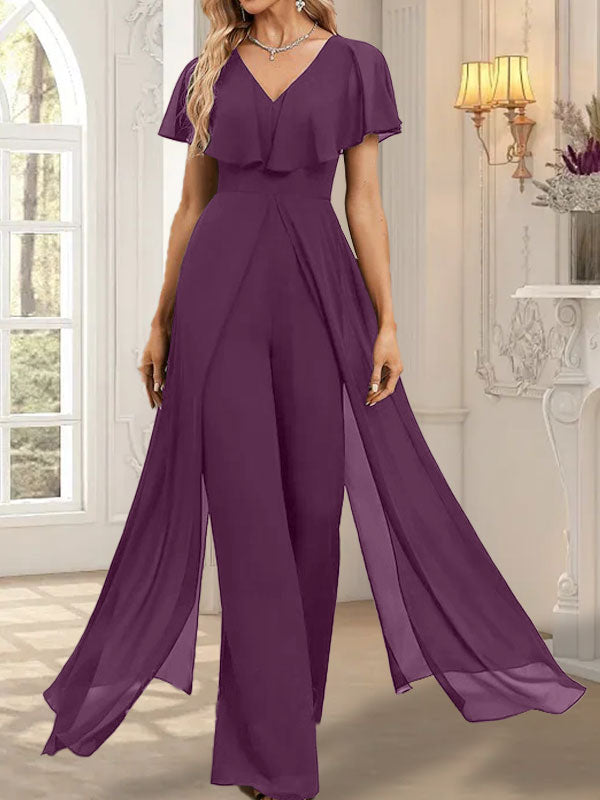 Jumpsuit/Hosenanzug, bodenlanges Chiffon-Abendkleid mit V-Ausschnitt