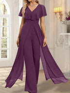 Jumpsuit/Hosenanzug, bodenlanges Chiffon-Abendkleid mit V-Ausschnitt