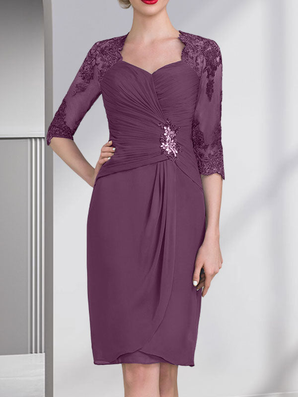 Etuikleid/Säulenkleid mit Herzausschnitt, knielang, aus Chiffon für die Mutter der Braut mit Perlenapplikationen, Spitze, Pailletten und Falten