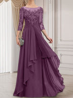 A-Linien-Kleid mit U-Boot-Ausschnitt, Illusion-Effekt, bodenlang, aus Chiffon und Spitze, mit Kaskadenrüschen – perfekt für die Mutter der Braut
