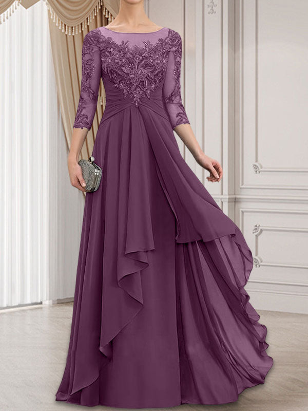 Vestido de gasa con encaje y volantes en cascada para madre de la novia, corte A, escote ilusión, largo hasta el suelo