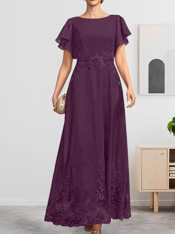 A-Linien-Kleid mit Rundhalsausschnitt, knöchellang, aus Spitze und Chiffon, mit Pailletten besetzt